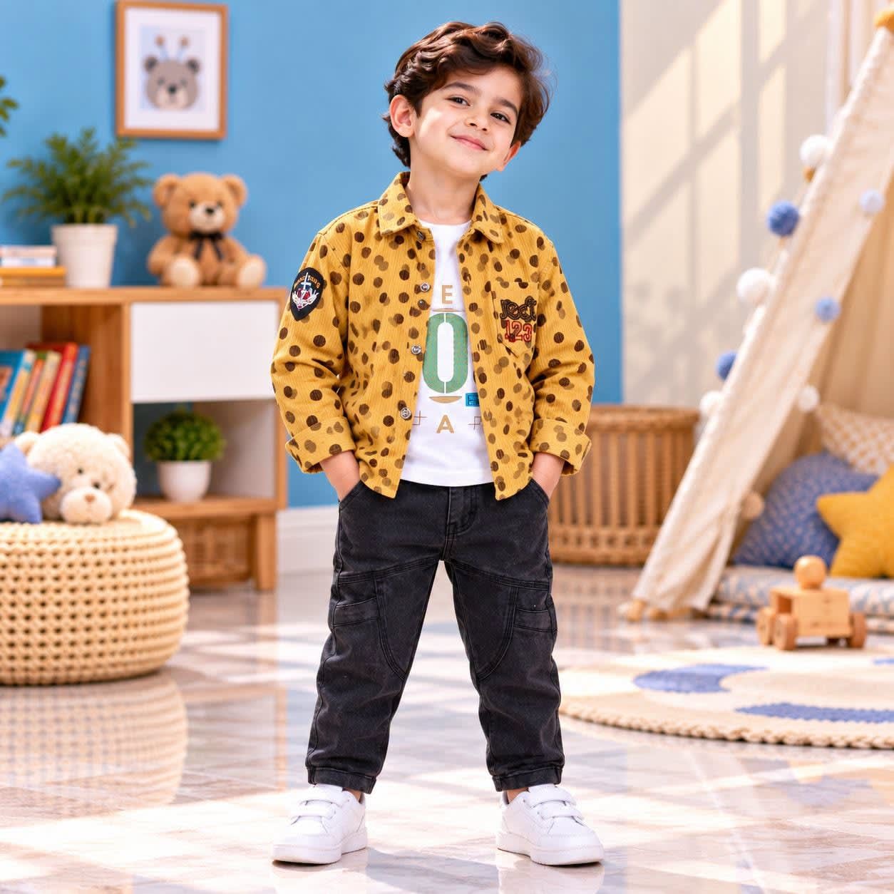 Boys Mustard Printed 3-Piece Cargo Outfit