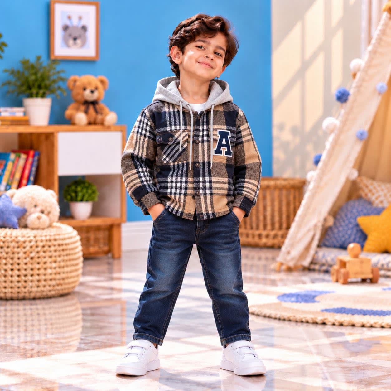 Boys Checkered 3-Piece Korean Winter Outfit