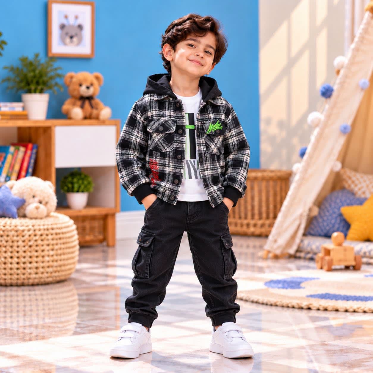 Boys Black Checkered 3-Piece Cargo Outfit