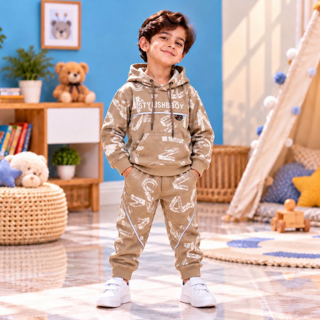 Boys Beige Printed 2-Piece Hoodie Tracksuit