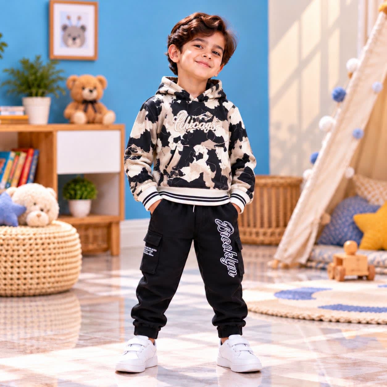Boys Black & Beige Printed 2-Piece Hoodie Tracksuit