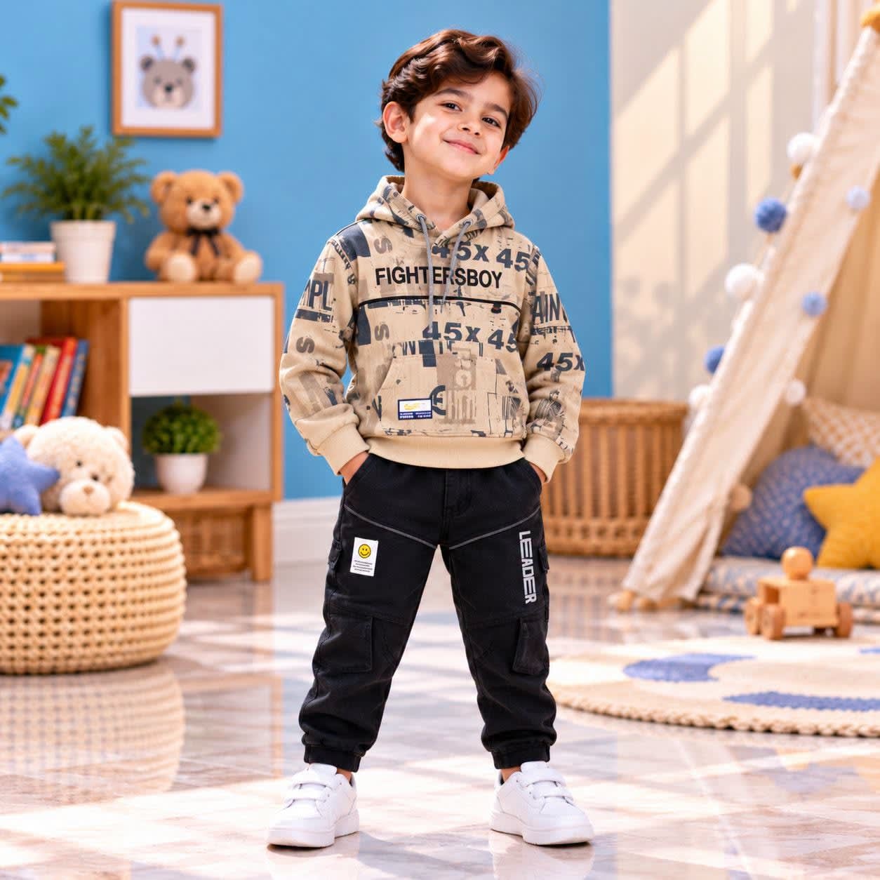 Boys Beige Graphic Printed 2-Piece Hoodie Tracksuit