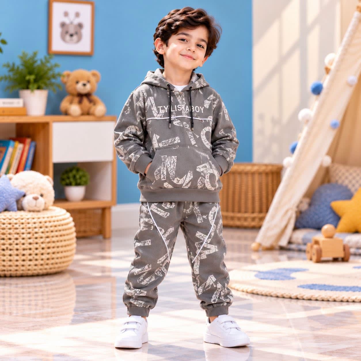 Boys Grey Abstract Print 2-Piece Hoodie Tracksuit