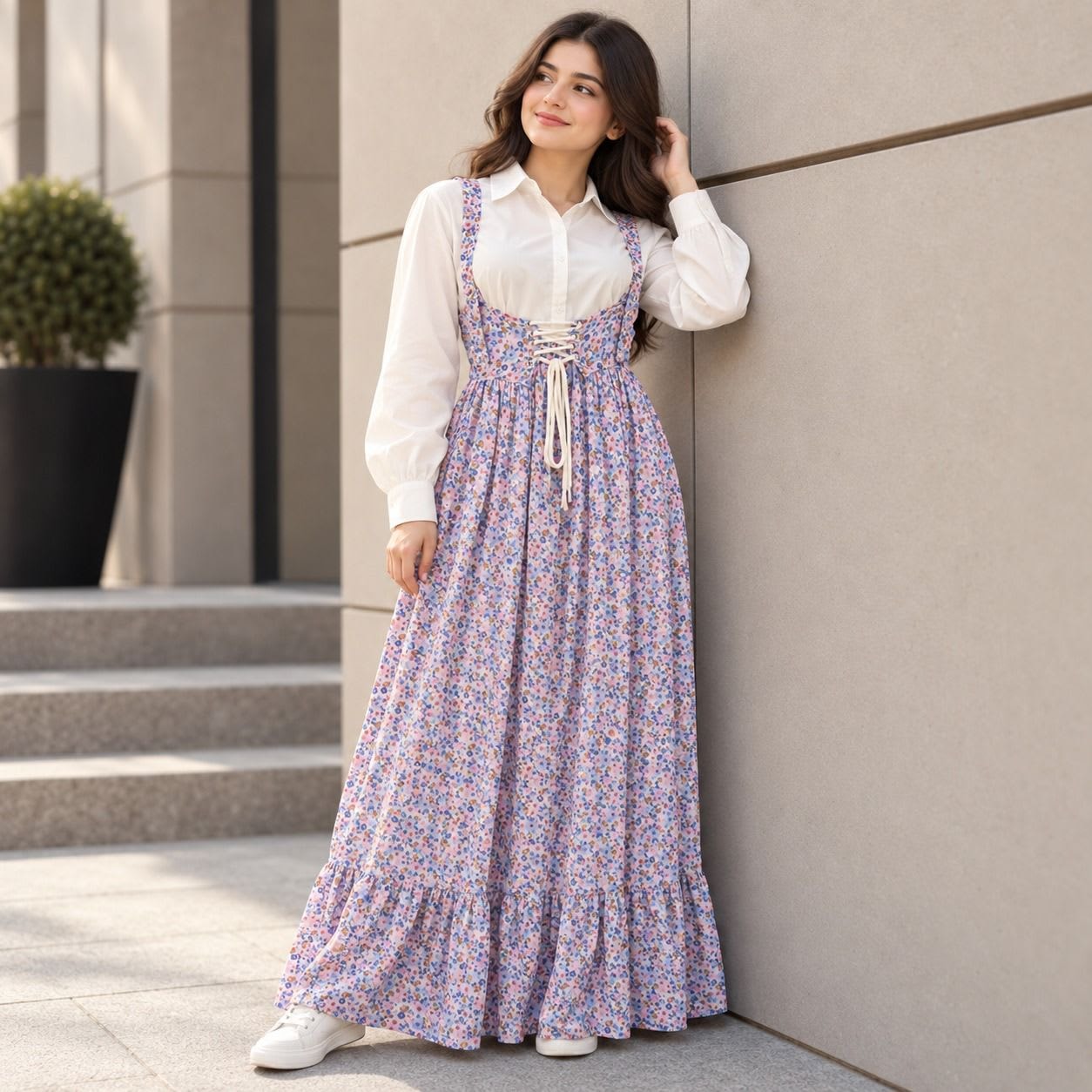 Women Lilac Pinafore Maxi Dress & Shirt