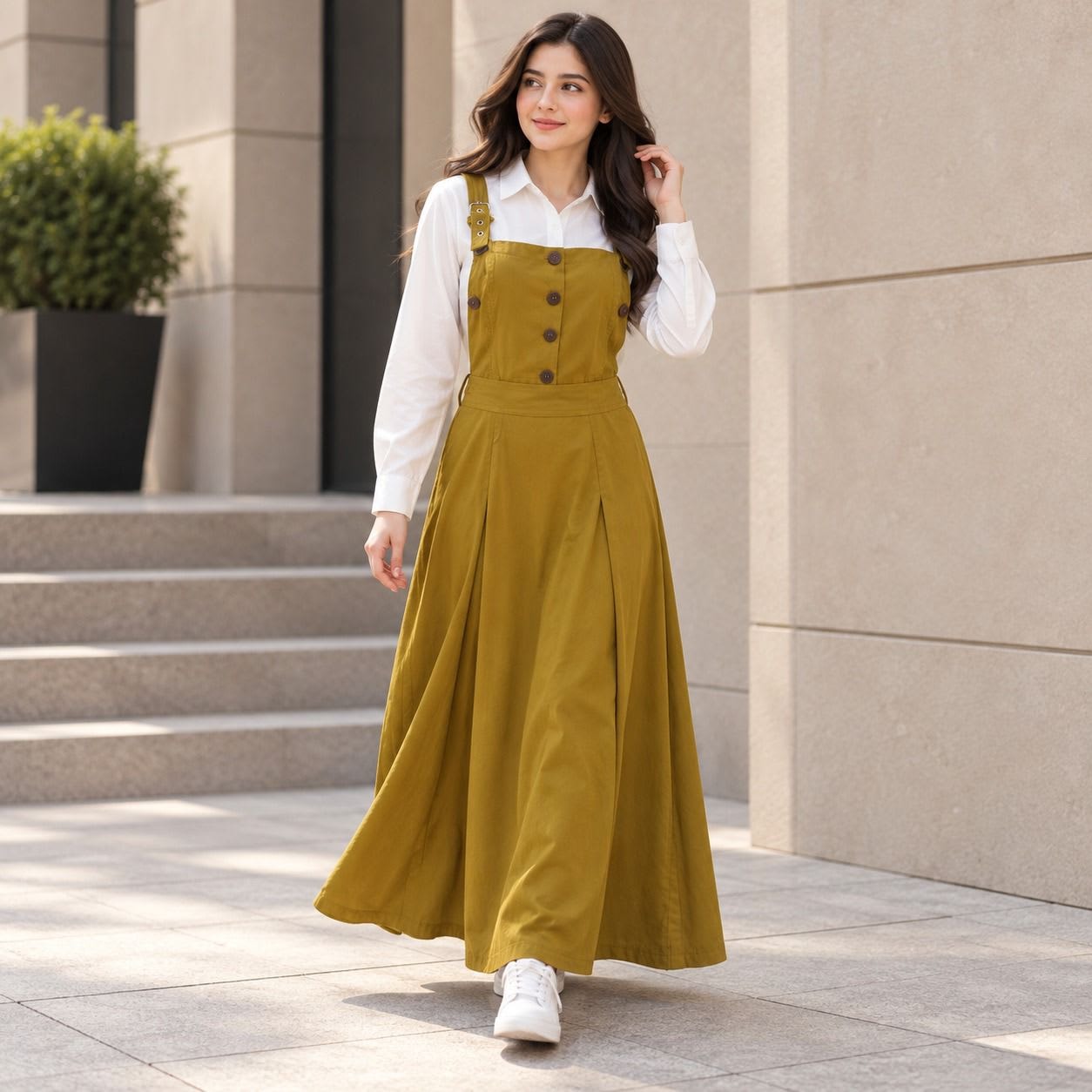 Women Mustard Pinafore Maxi Dress & Shirt