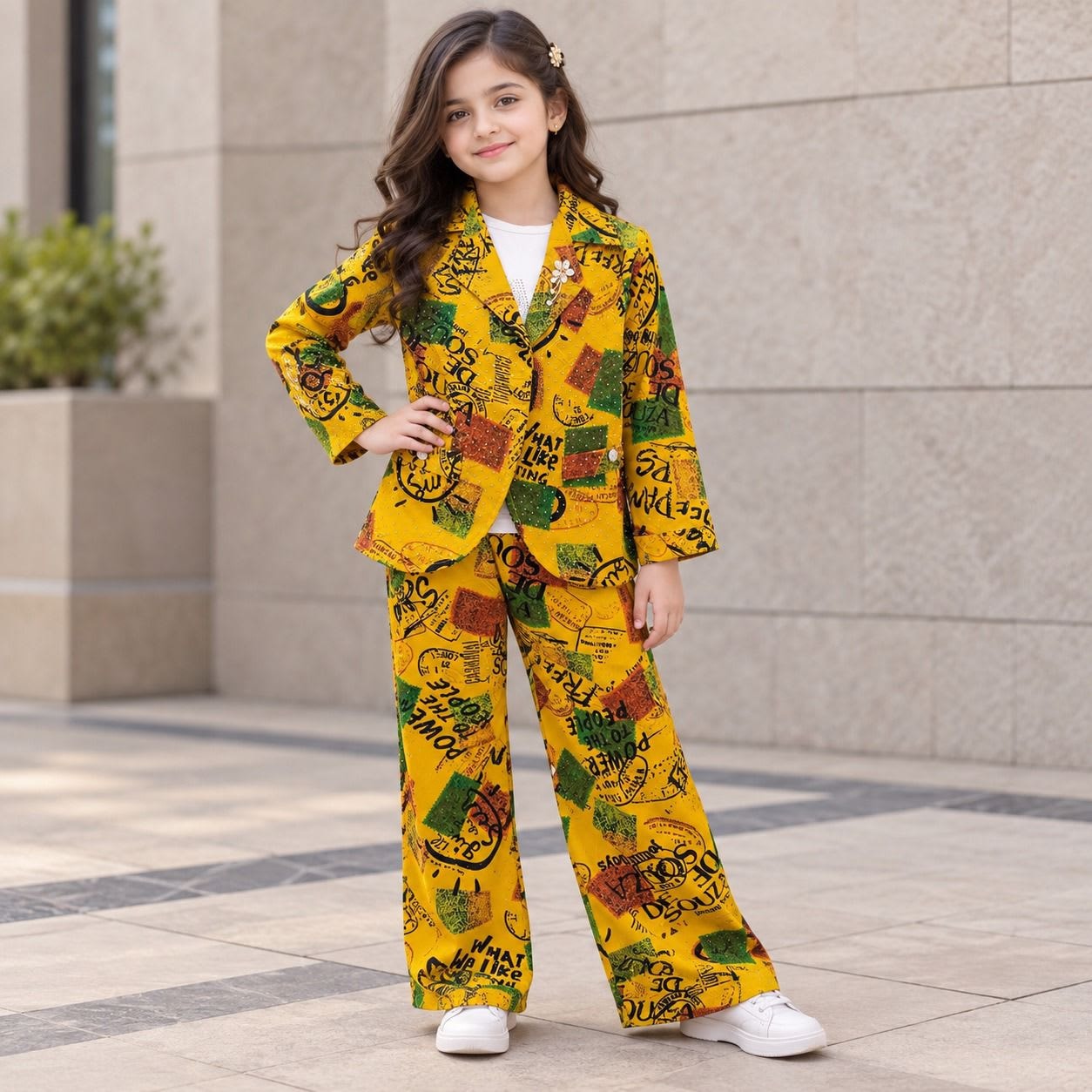 Girls Yellow Printed Blazer Suit