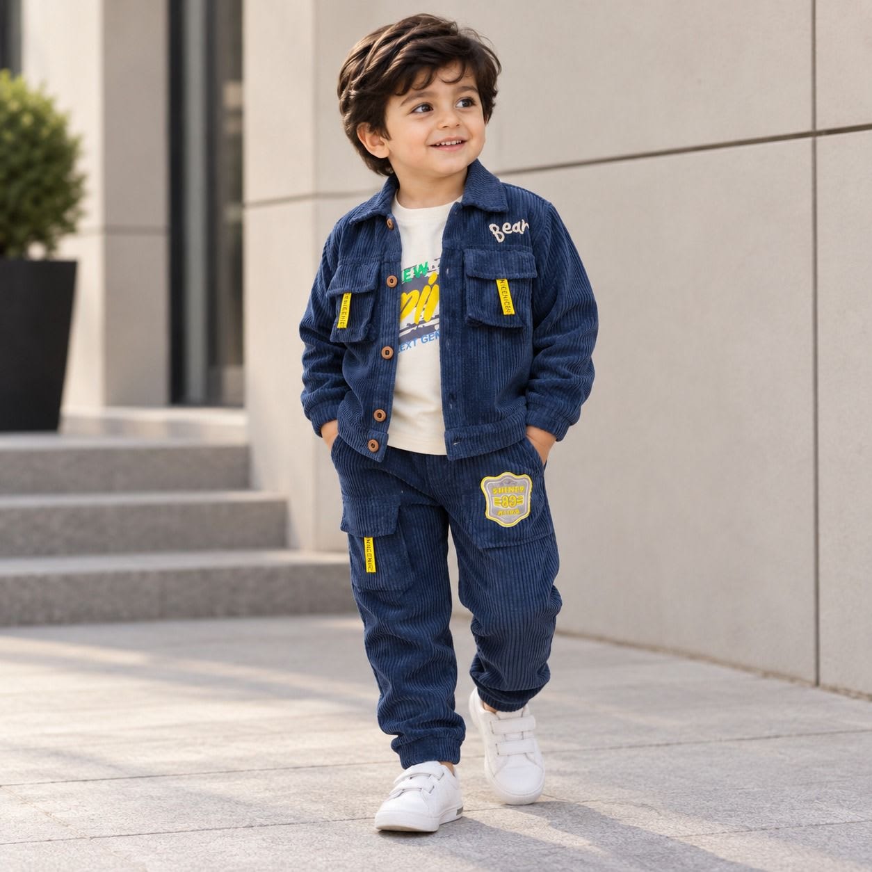 Boys Navy Corduroy Bear 3-Piece