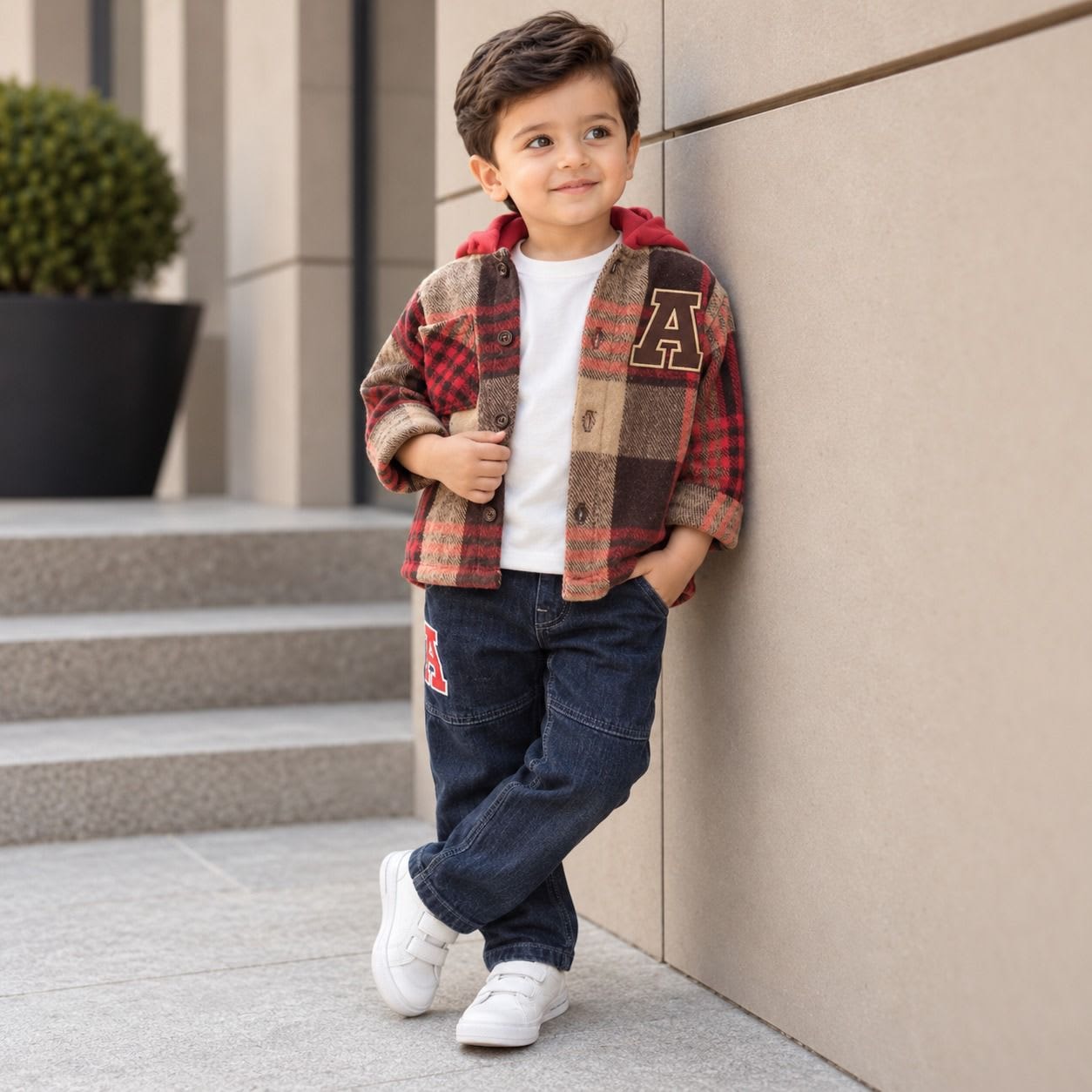 Boys Red Plaid Hooded Overshirt 3-Piece Set