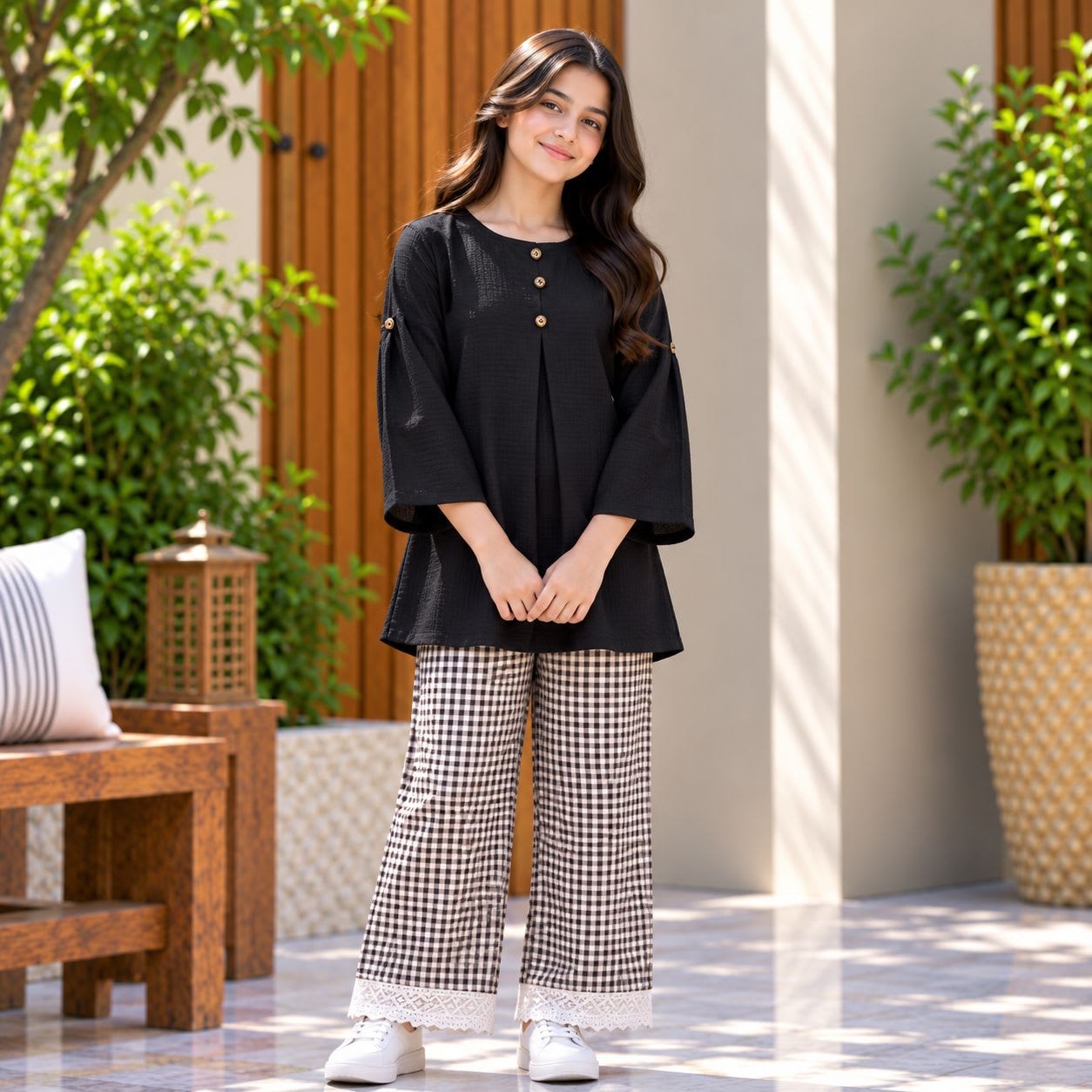 Girls Black Check 2-Piece Cord Set