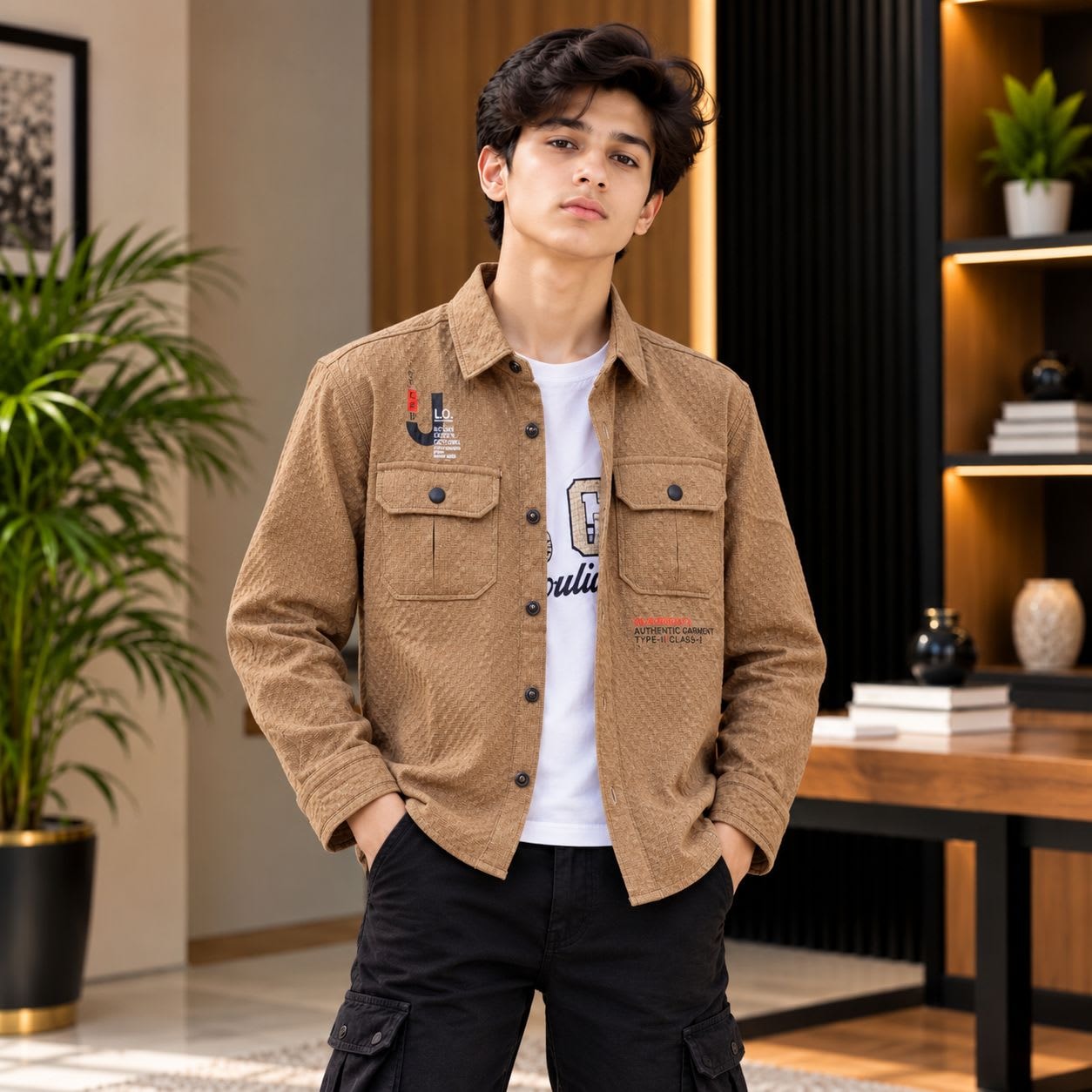 Boys Tan Textured 2-Piece Shirt Set