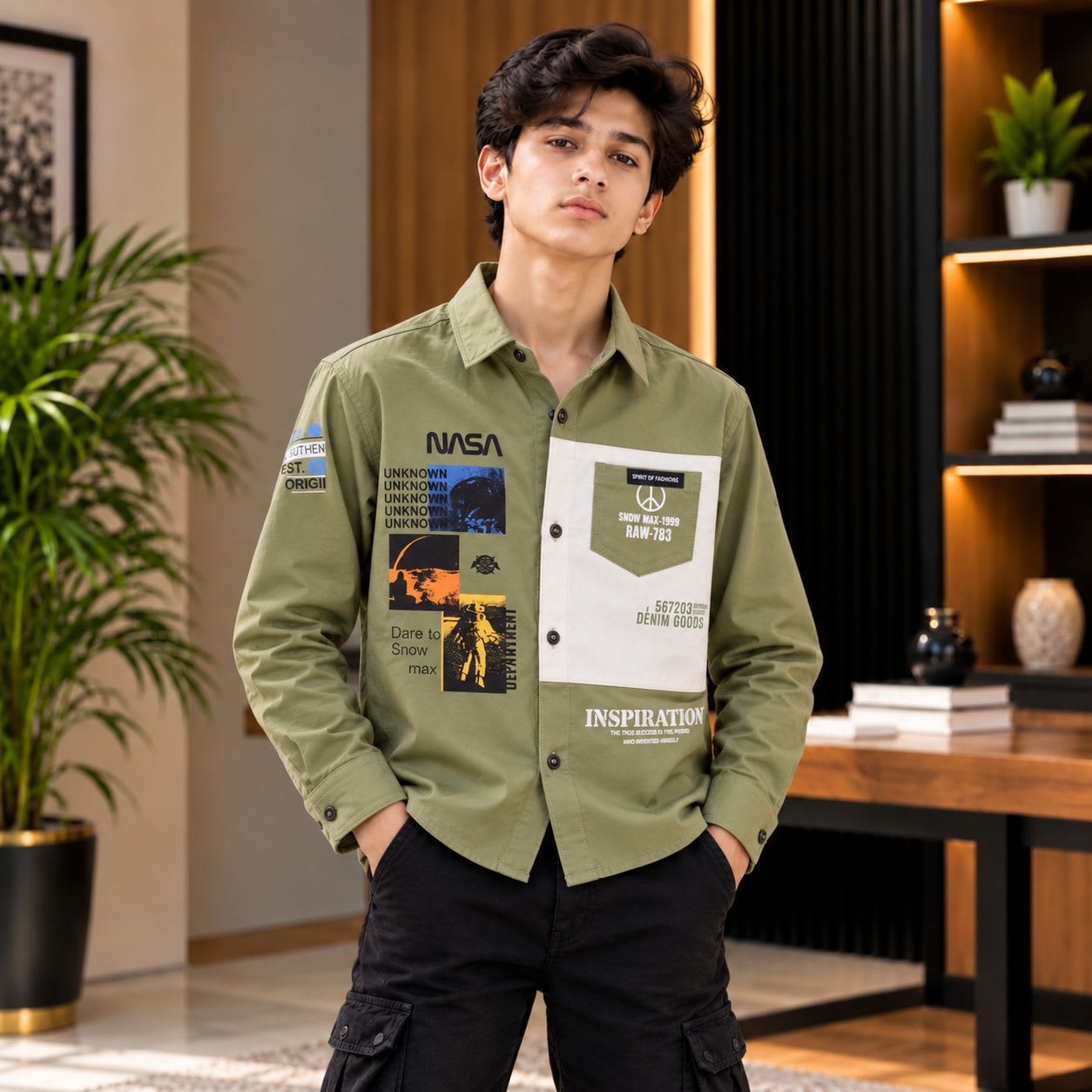 Boys Olive NASA Print Shirt