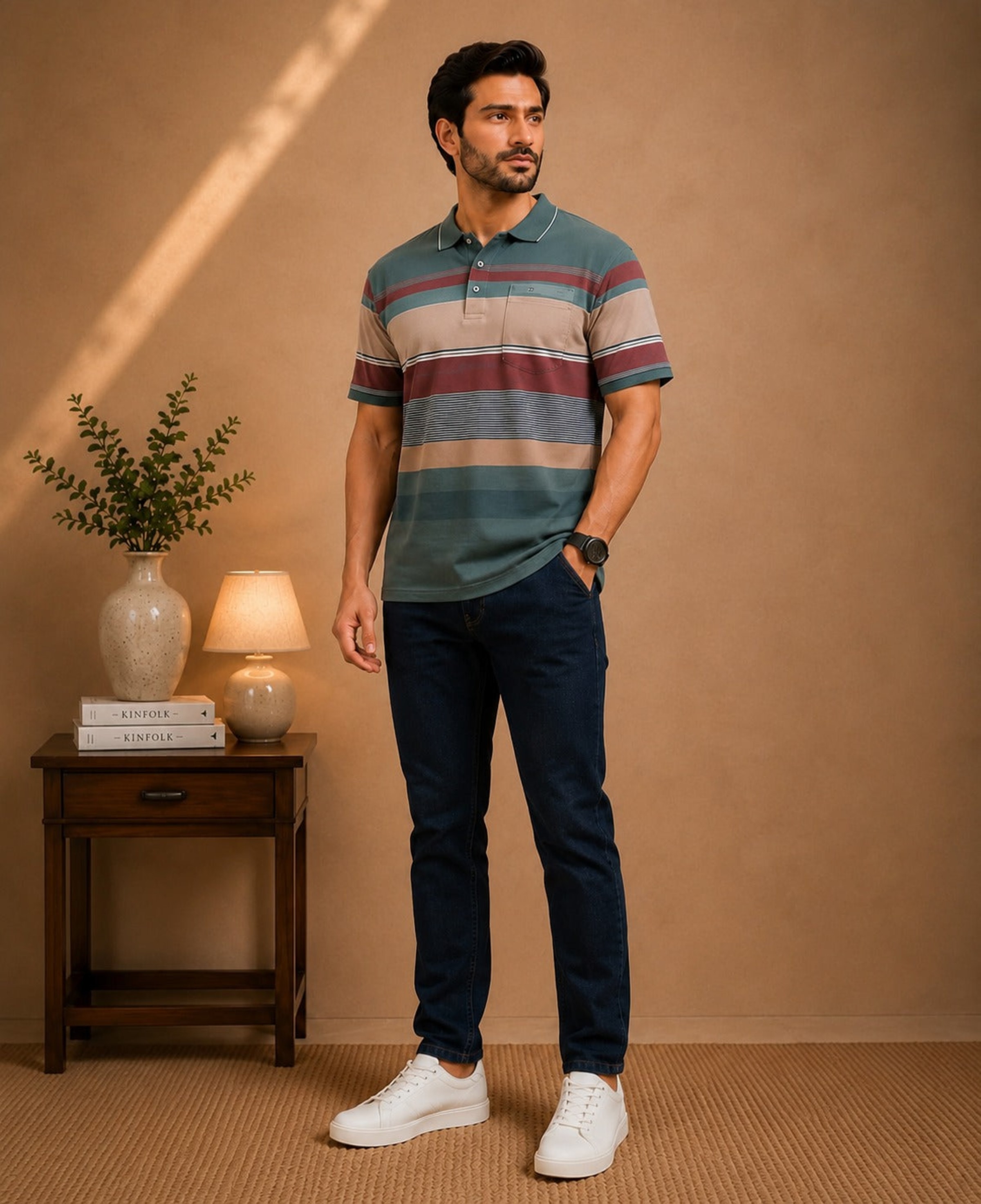 Premium Striped Polo T-Shirt and Denim Pant view 4