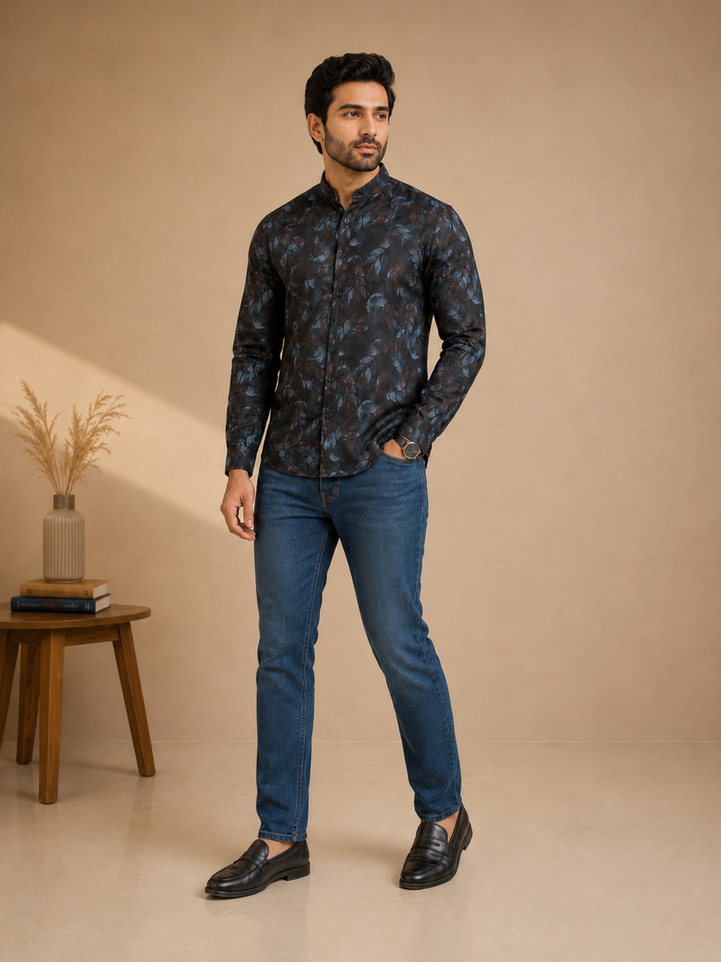 Premium printed shirt with denim pant view 3