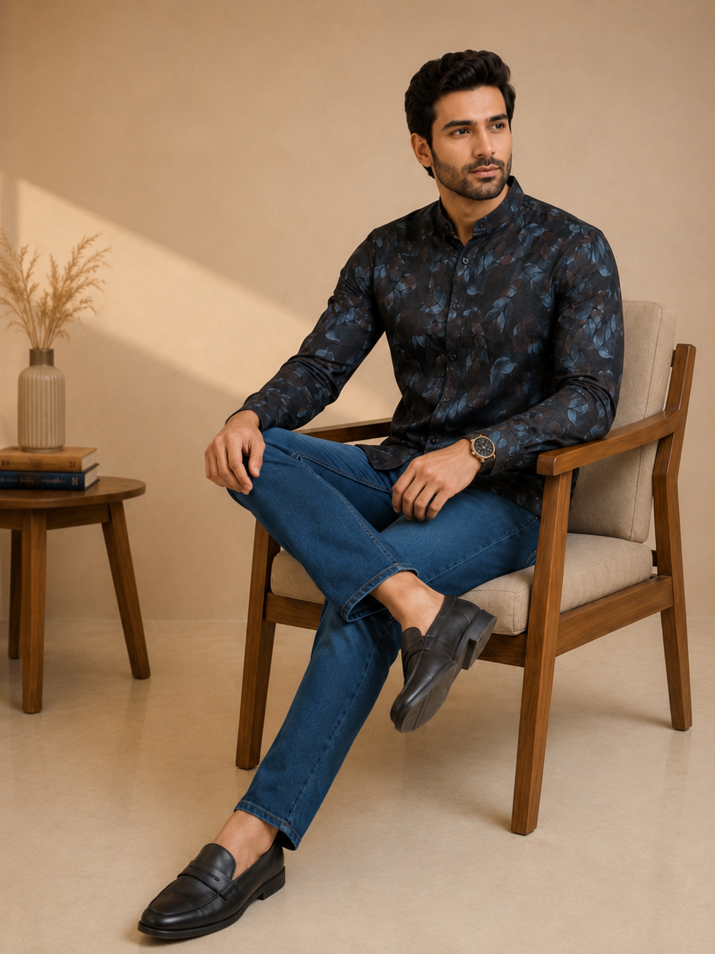 Premium printed shirt with denim pant view 4