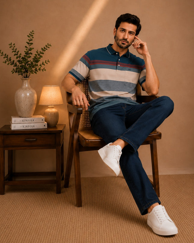 Premium Striped Polo T-Shirt and Denim Pant