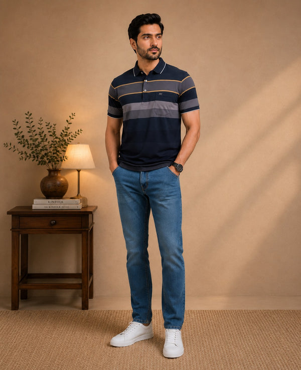 Striped polo shirt with premium denim pant