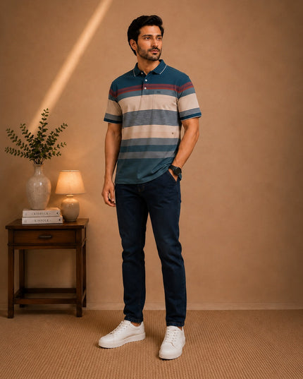 Premium Striped Polo T-Shirt and Denim Pant