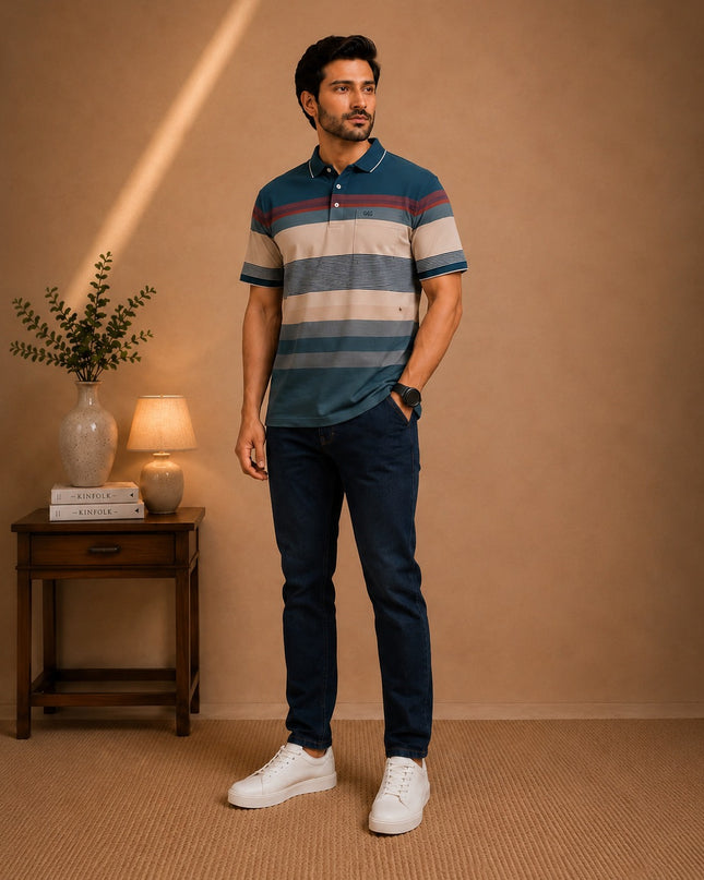 Premium Striped Polo T-Shirt and Denim Pant