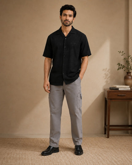 Black short sleeve shirt with premium cargo pants