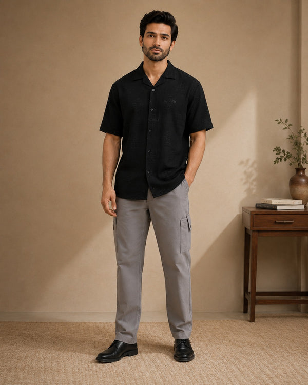 Black short sleeve shirt with premium cargo pants