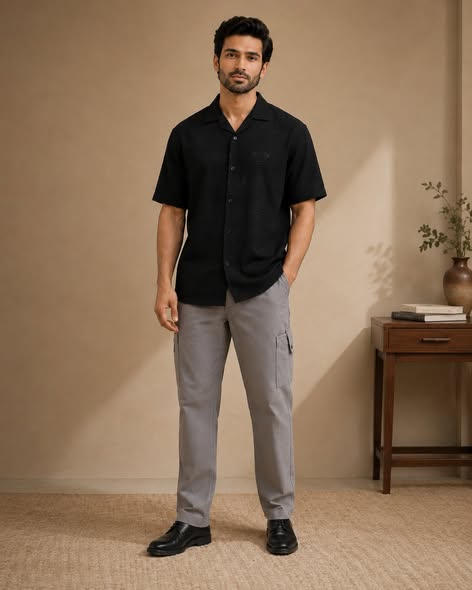 Black short sleeve shirt with premium cargo pants