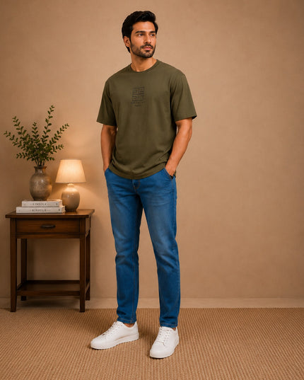Olive T-shirt with premium denim pant