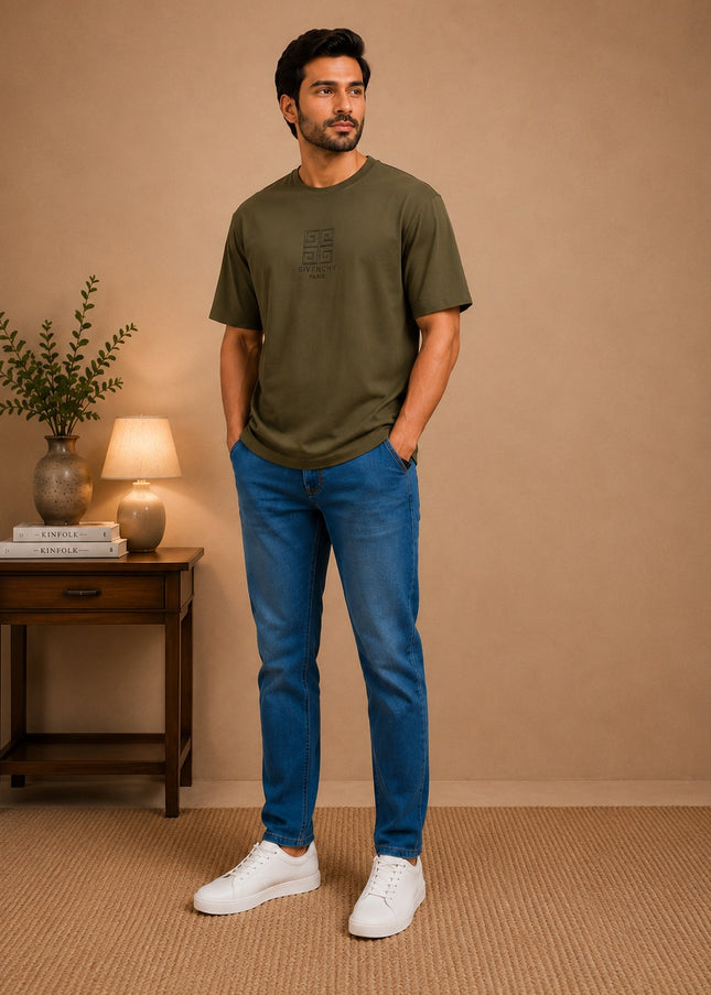 Olive T-shirt with premium denim pant