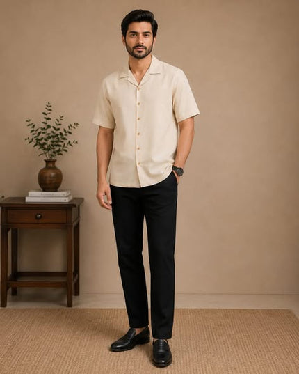 Cream short sleeve shirt with premium black pant
