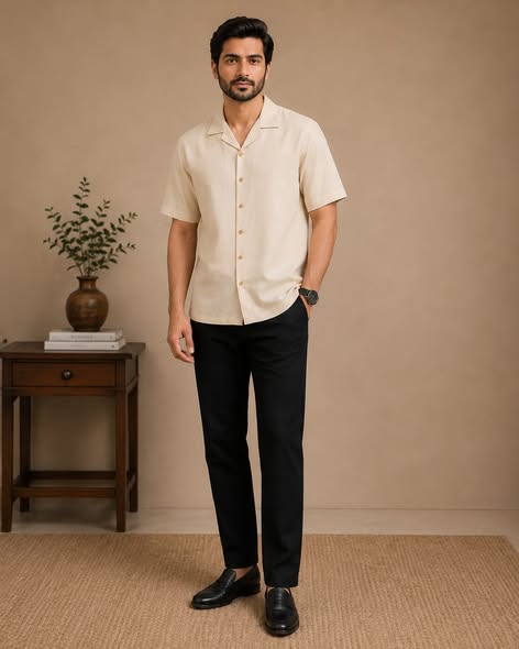 Cream short sleeve shirt with premium black pant