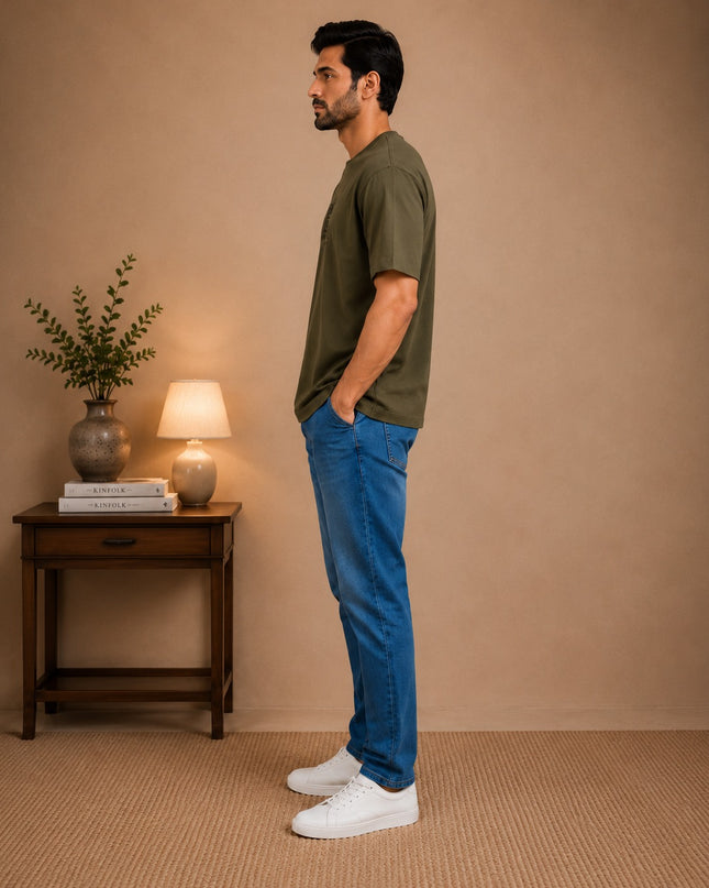 Olive T-shirt with premium denim pant