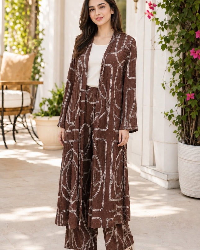Imported 3 Piece Long Dress Co-ord Set with Necklace