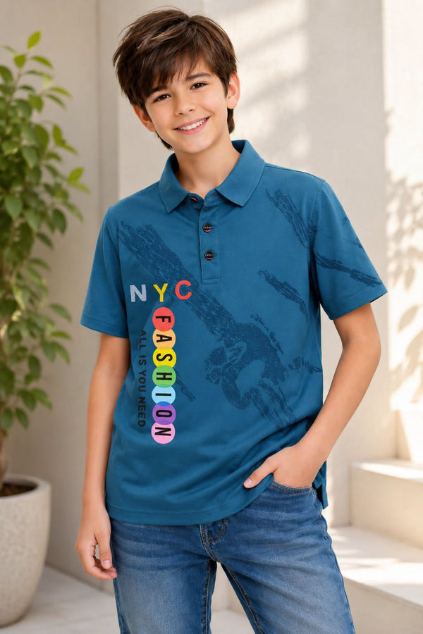 Boys NYC Printed Polo Shirt With Denim Jeans