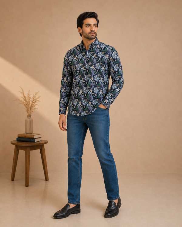 Floral printed shirt with denim pant