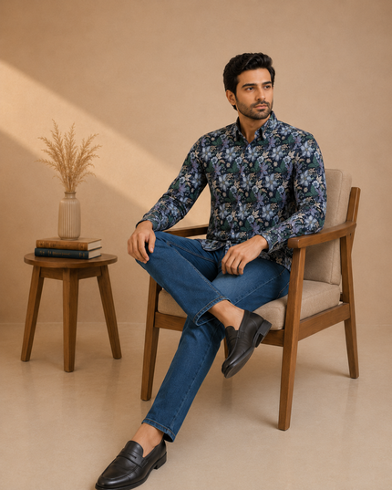 Floral printed shirt with denim pant