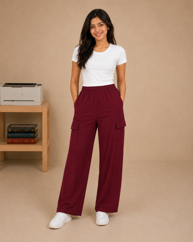 Woman wearing maroon cargo pants and a white t-shirt on a beige background