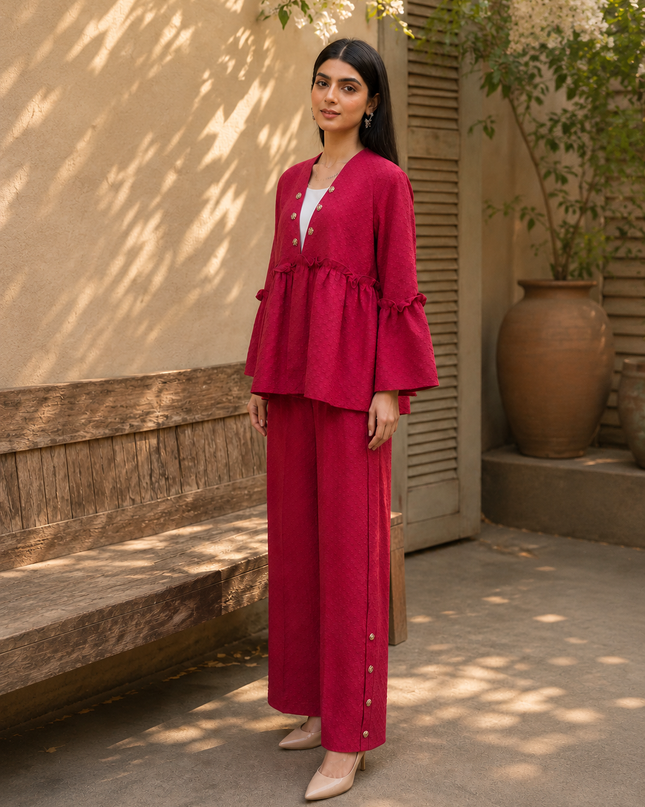 Women 2 Piece Peplum Co-Ord Set – Deep Pink Wide-Leg Trouser Suit