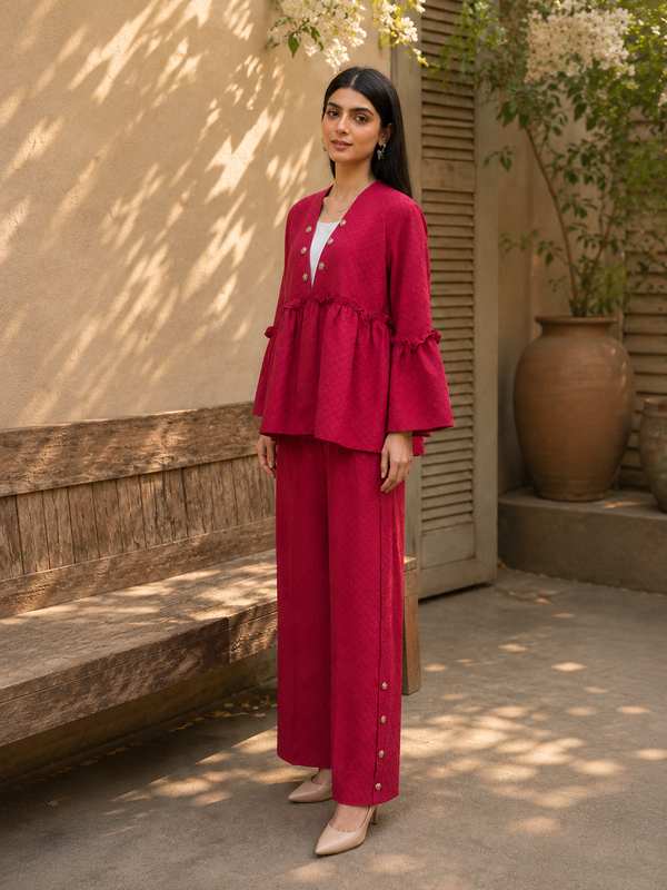 Women 2 Piece Peplum Co-Ord Set – Deep Pink Wide-Leg Trouser Suit