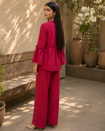 Women 2 Piece Peplum Co-Ord Set – Deep Pink Wide-Leg Trouser Suit