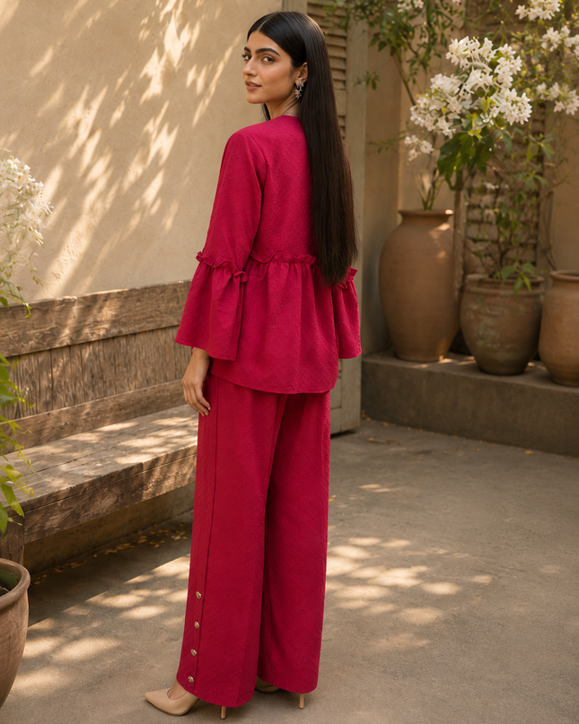 Women 2 Piece Peplum Co-Ord Set – Deep Pink Wide-Leg Trouser Suit