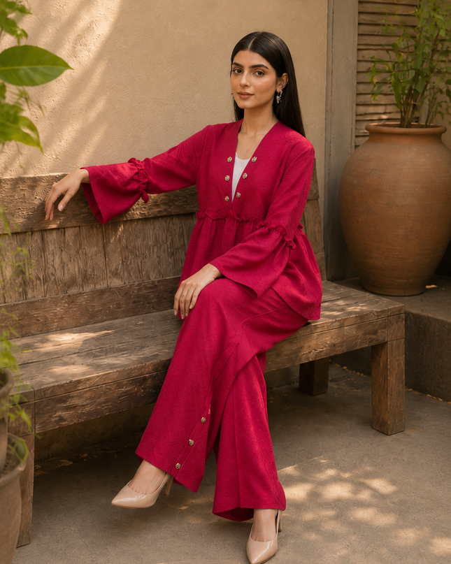 Women 2 Piece Peplum Co-Ord Set – Deep Pink Wide-Leg Trouser Suit