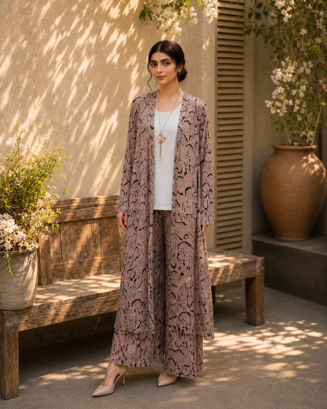 Women 3 Piece Imported Printed Co-Ord Set – Taupe Long Shrug & Wide-Leg Trouser