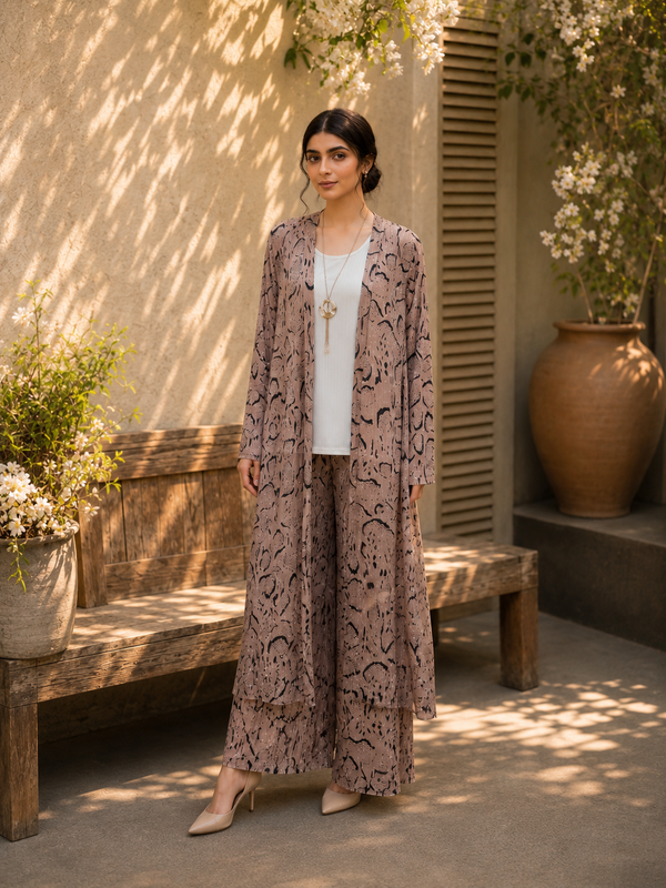 Women 3 Piece Imported Printed Co-Ord Set – Taupe Long Shrug & Wide-Leg Trouser