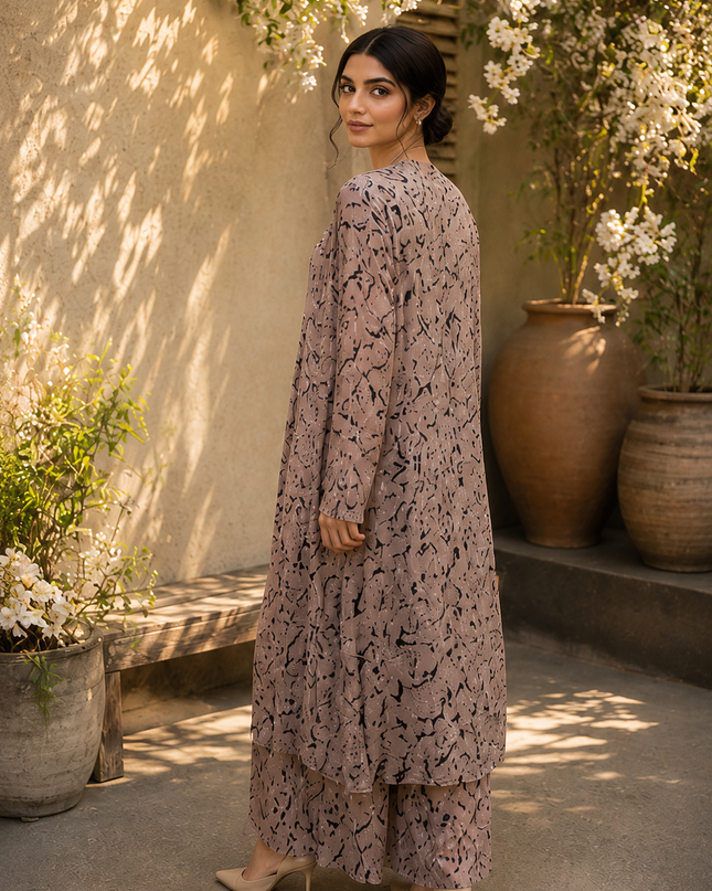 Women 3 Piece Imported Printed Co-Ord Set – Taupe Long Shrug & Wide-Leg Trouser