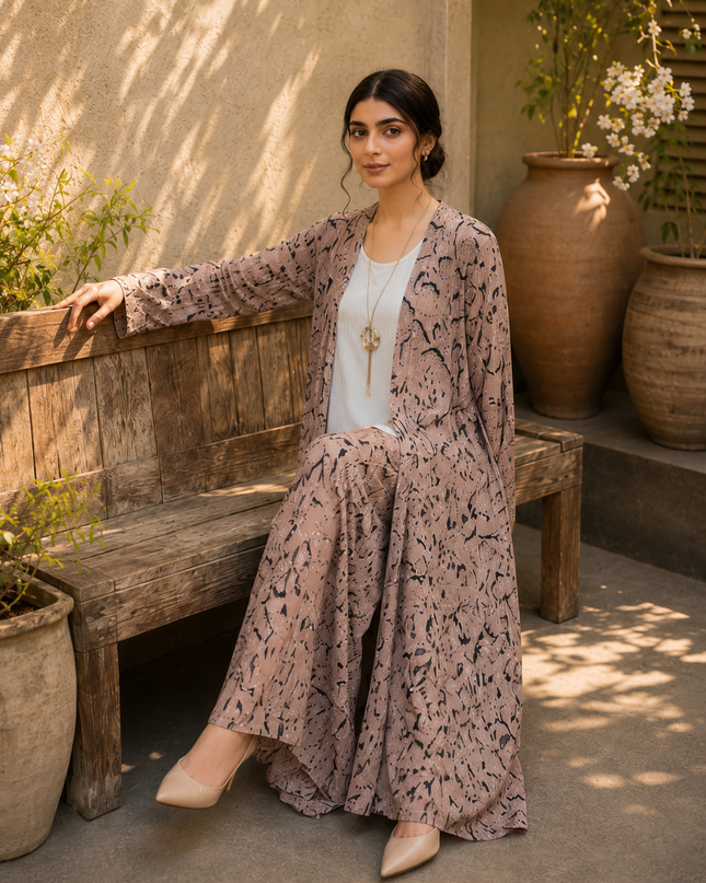 Women 3 Piece Imported Printed Co-Ord Set – Taupe Long Shrug & Wide-Leg Trouser