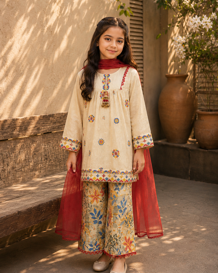 Girls 3 Piece Floral Loose Flapper Suit – Cream & Red Festive Dress