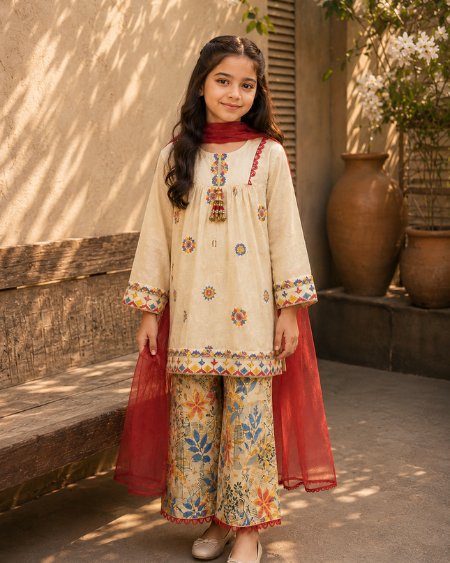 Girls 3 Piece Floral Loose Flapper Suit – Cream & Red Festive Dress