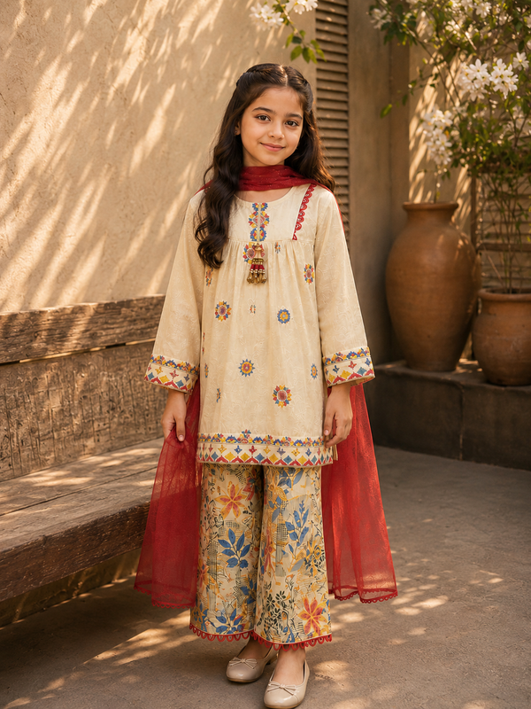 Girls 3 Piece Floral Loose Flapper Suit – Cream & Red Festive Dress