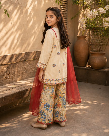 Girls 3 Piece Floral Loose Flapper Suit – Cream & Red Festive Dress