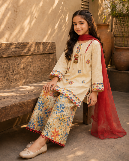 Girls 3 Piece Floral Loose Flapper Suit – Cream & Red Festive Dress