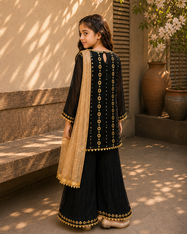 Girls 3 Piece Loose Flapper Suit – Black & Gold Festive Dress